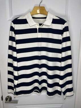 Everlane Rugby Mens L Dark-Blue Off-White Stripe Organic Cotton Long Sleeve Polo